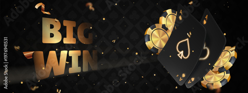 Luxurious casino background with gold chips and poker cards, falling confetti on elegant black vector backdrop. VIP gambling tournament banner, premium gaming invitation border, poster template