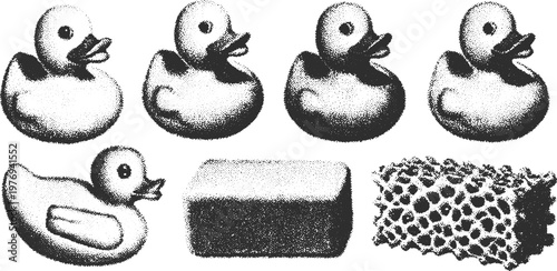 Vintage rubber duck toy collection. Simple vector illustration set of cute bath objects.