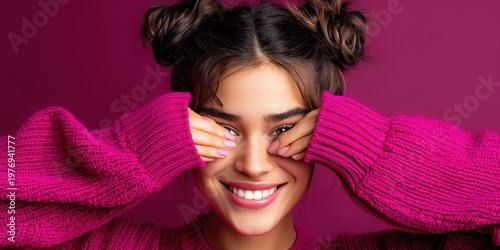 Young woman with playful expression peeking through her hands wearing a bright pink sweater