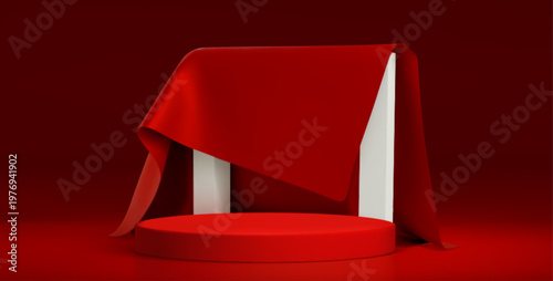 Elegant podium covered with red satin cloth. Vector realistic illustration of round product presentation stage, satin fabric drape for unveiling luxury gift, surprise platform for award ceremony