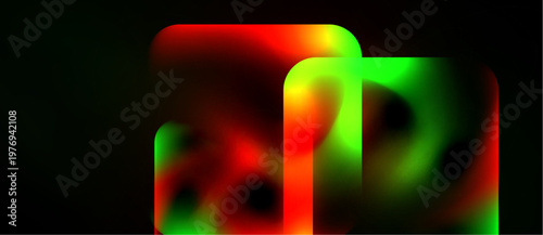 Abstract colorful rectangles overlap black background. Gradient shades blend red, green, yellow creating dynamic visual effect. Smooth transitions dominate composition.