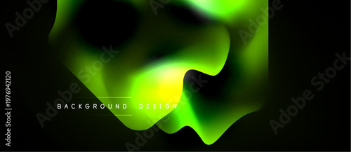 Abstract fluid shapes, vibrant green hues, dark background. Modern design element, smooth gradients, dynamic composition.