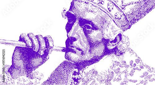 King with crown and scepter in vintage engraving style. Detailed royal portrait vector illustration with traditional and classic elements.