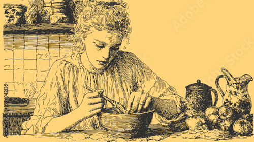 Girl cooking in a vintage kitchen, using a bowl and fork with fresh food ingredients. Hand-drawn vector illustration with simple lines.