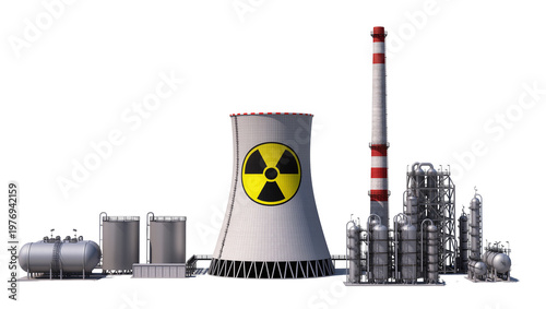 Billede på lærred Large Nuclear Power Plant Complex with Cooling Tower and Radiation Symbol