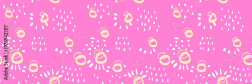 Bright seamless abstract pattern with hand drawn dots and organic shapes on a vibrant pink background. Perfect for textiles, packaging, stationery, kids products, and trendy decor
