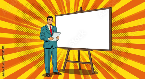 Illustration of a businessman holding papers standing beside a blank whiteboard on an orange and yellow sunburst background.