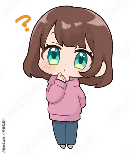 首を傾げてきょとんとしている女の子のちびキャラ