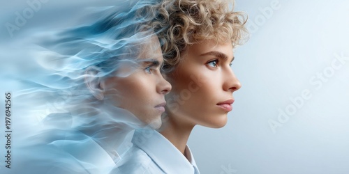 Dual profile portraits of a man and woman merging with ethereal blue smoke effects