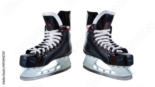 Pair Black Red Ice Skates with White Laces on Silver Blades