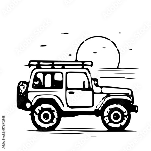 Off-road vehicle sunset adventure illustration