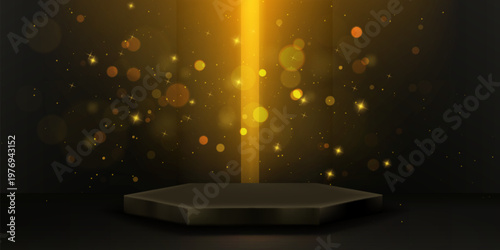 Hexagonal podium and golden light on black background. Vector realistic illustration of luxury product presentation stage with magic shimmering particles in air, winner award pedestal, casino banner