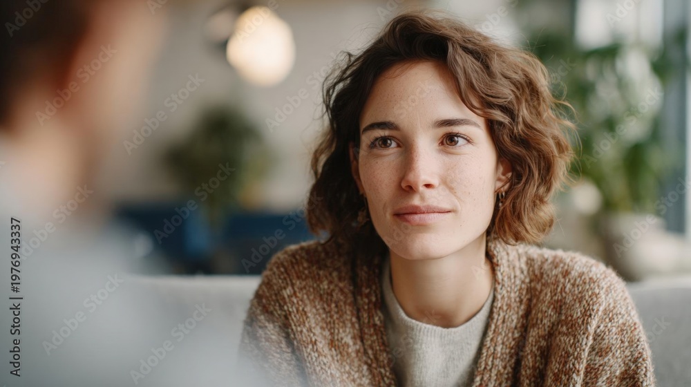 Fototapeta premium Close-up portrait of a young woman sitting on a couch. she has shoulder-length curly hair and is wearing a brown cardigan over a white t-shirt.