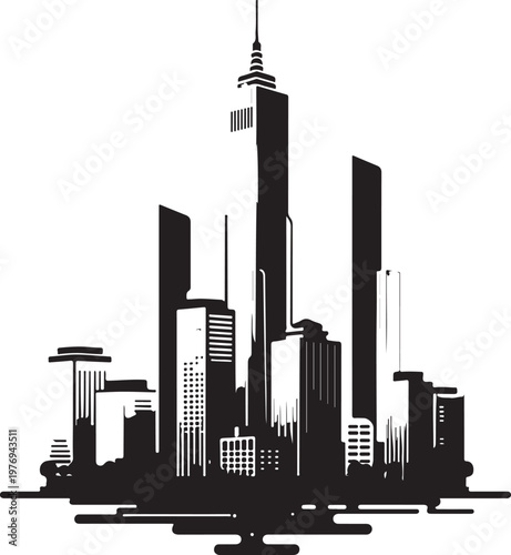 A minimalist black and white graphic illustration depicting a stylized modern city skyscraper skyline isolated on white background