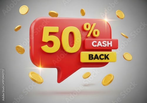 Fifty percent cash back offer with gold coins floating.