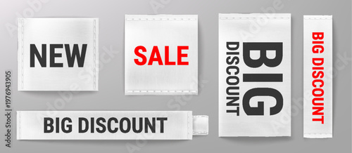 Premium white fabric label with realistic sewn texture, cotton cloth ribbon with sale and discount promo, vector icons isolated on background. Fashion brand tags and apparel badge designs