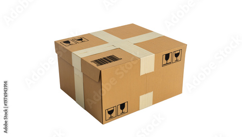 Brown cardboard shipping box sealed with packing tape and fragile symbols