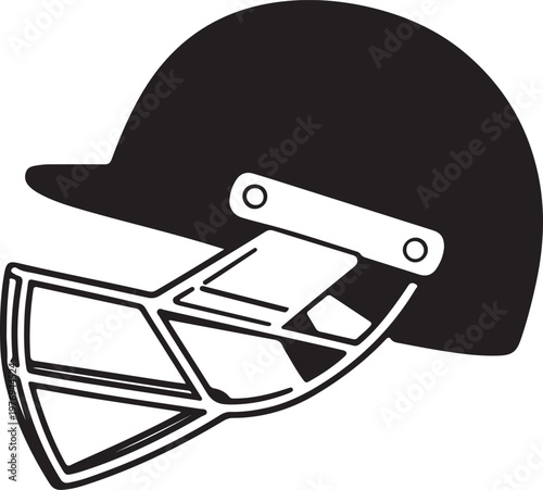 A simple black and white vector illustration of a cricket helmet designed for player protection isolated on white background