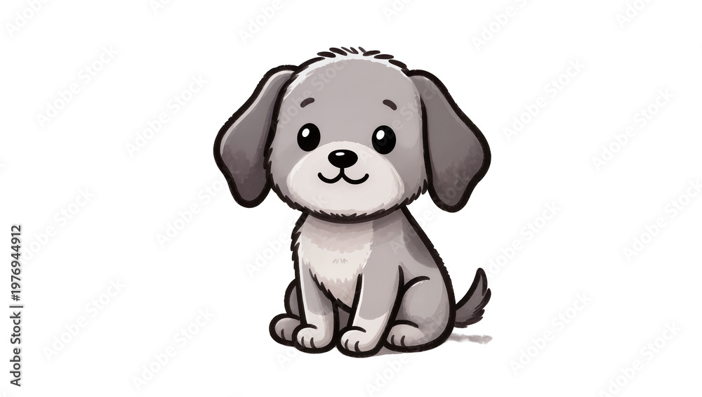 Fototapeta premium Gray fluffy puppy sitting with large eyes and floppy ears