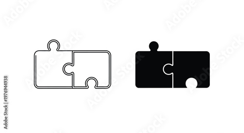 Minimalist vector graphic illustration showing two connected puzzle pieces in both outline and solid black icon styles