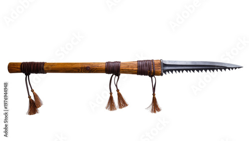 Photos Antique Ceremonial Spear with Wooden Shaft and Serrated Metal Blade