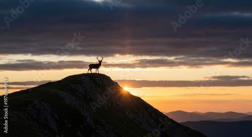 Majestic deer silhouette on mountain peak, sunrise breaking through clouds