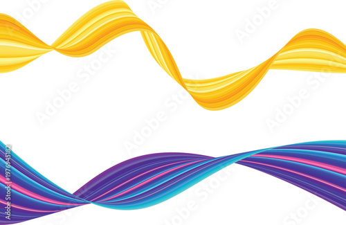 Abstract colorful dynamic wave ribbon set, Modern yellow and purple fluid flowing vector, Futuristic 3D curved wave isolated on white