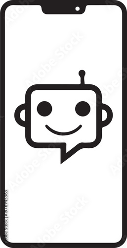 A minimalist black and white icon depicting a friendly robot head shaped like a speech bubble isolated on white background