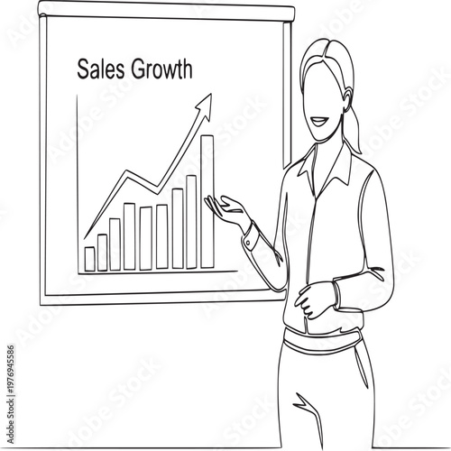 Businesswoman presenting sales growth chart on whiteboard in office environment
