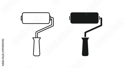 Essential DIY tools vector illustration showing a classic paint roller in both outline and solid black icon versions.