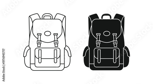 Simple flat vector graphic illustration featuring two classic travel backpacks in both outline and solid black styles