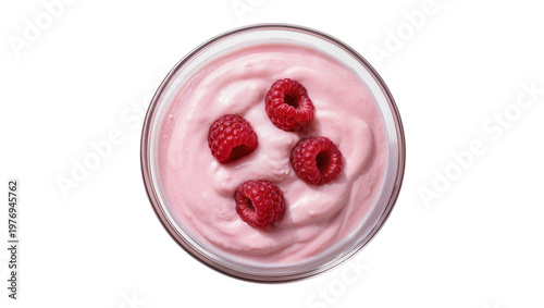 Pink Raspberry Yogurt Dessert in Round Glass Bowl with Fresh Berries