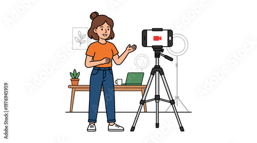 Woman records video on smartphone for social media or online content creation