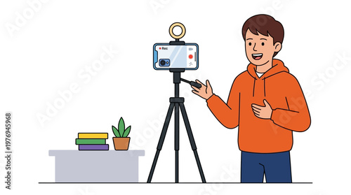 Young man recording a video on his smartphone for social media