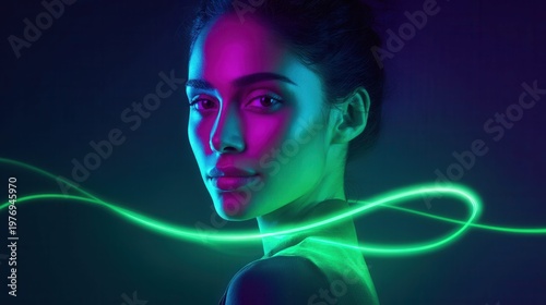 Woman illuminated by vibrant neon lights with glowing green energy stream