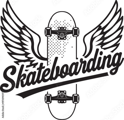 A black and white vintage style illustration of a skateboard featuring decorative angel wings isolated on white background
