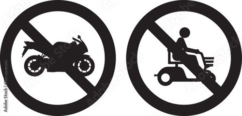 A graphic illustration showing two prohibition traffic signs for motorcycles and mobility scooters isolated on white background