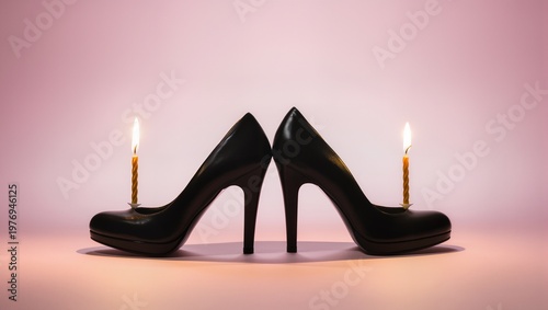 Surreal Image of Black High Heel Shoes with Burning Candles Inside