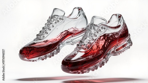 Creative Concept of Transparent Glass Sneakers Filled with Red Wine