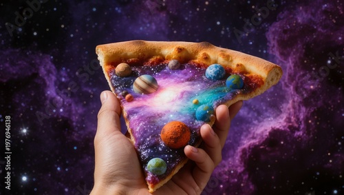 Surreal Concept of a Slice of Pizza Topped with Planets and Starry Galaxy