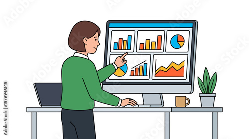 Businesswoman analyzes data charts and graphs on a large computer monitor