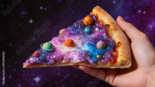 Surreal Concept of a Pizza Slice Featuring a Galaxy Crust and Planet Toppings