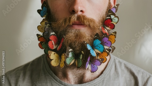Close-up Portrait of a Man with a Beard Filled with Colorful Butterflies