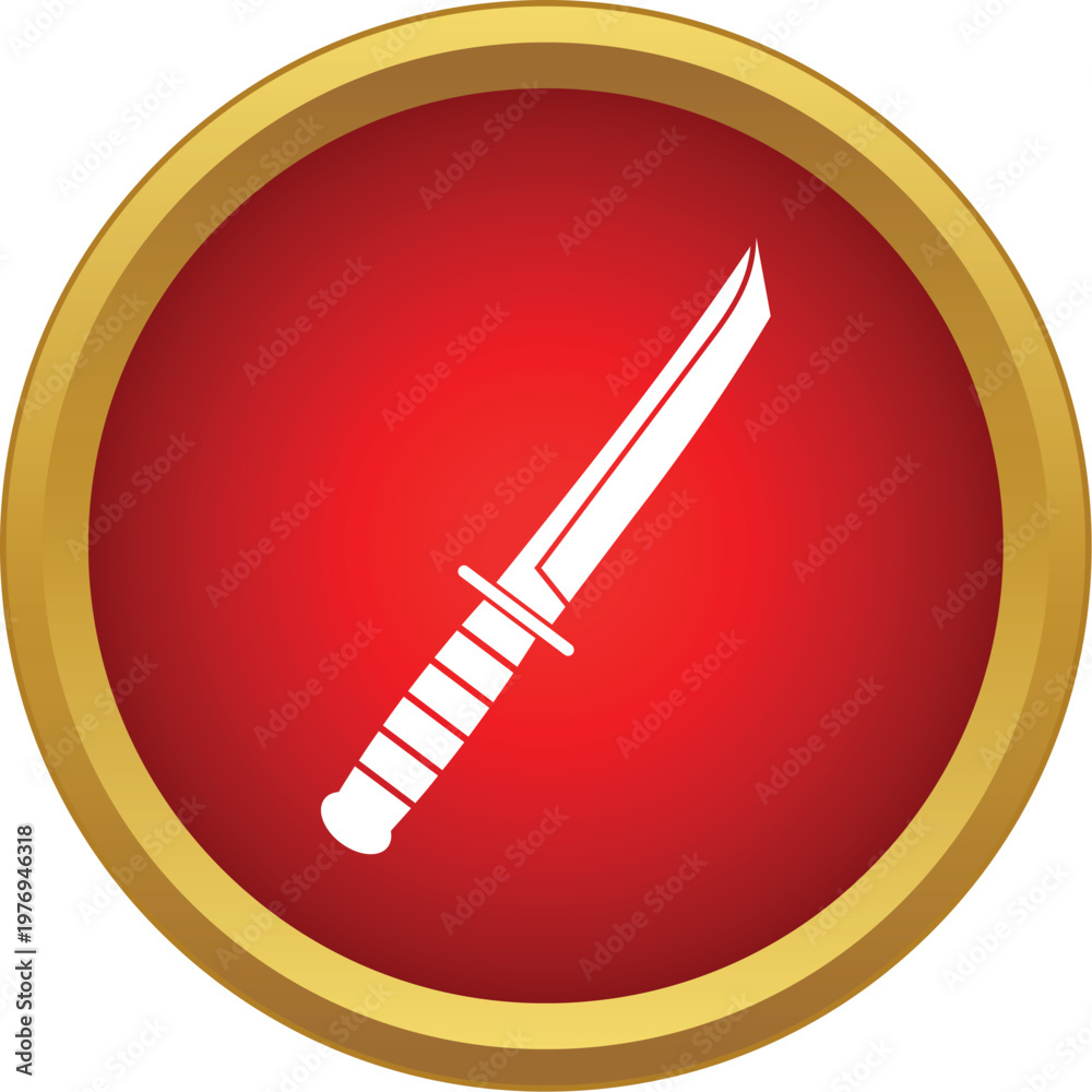 Obraz premium White military combat knife icon featuring a sharp blade with a grip inside a red gold framed circle