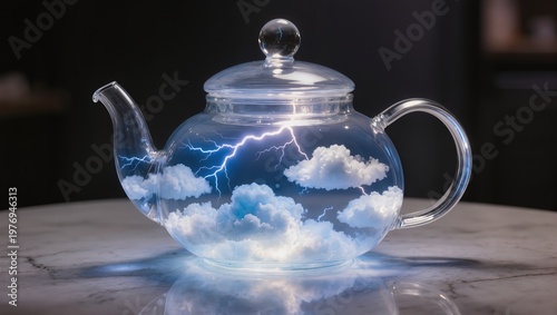 Surreal Literal Concept of a Thunderstorm and Clouds Inside a Glass Teapot
