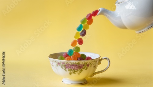 Colorful Jellybeans Pouring from a Teapot into a Cup