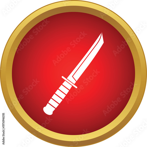 White military combat knife icon featuring a sharp blade with a grip inside a red gold framed circle