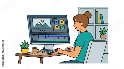 Woman sitting at desk working on computer with video editing software on screen