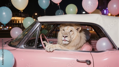 Majestic Lion Driving a Vintage Pink Convertible Car