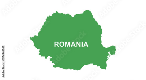 A green silhouette of romania with the country s name prominently displayed in white text
